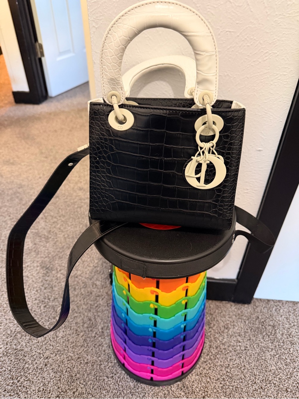 Source Unknown Black Croc-Embossed Mini Top Handle Bag with White Accents